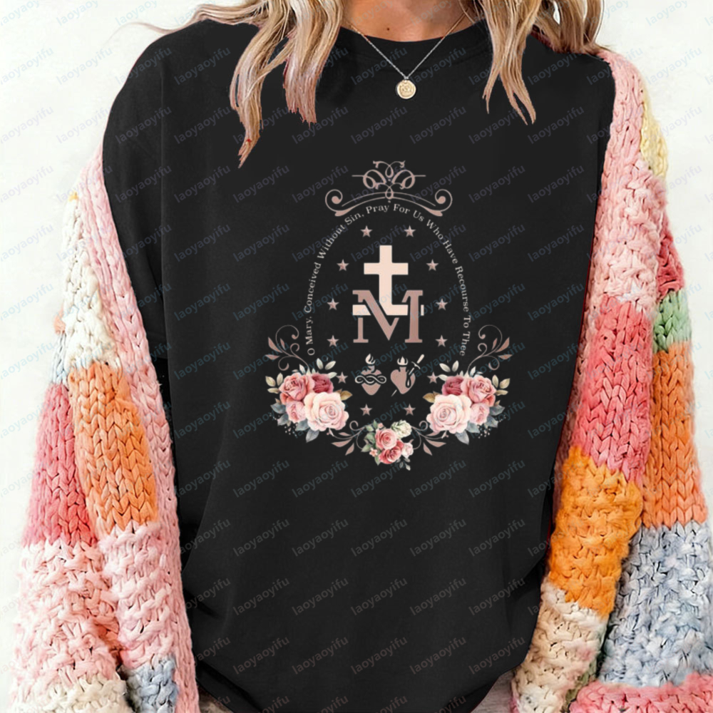 Crossfit Event - Floral Marian Cross T-Shirt Catholic Women's